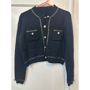 Unbranded Black Knit Cropped Cardigan Gold Chain Trim Pearl Buttons Womens L